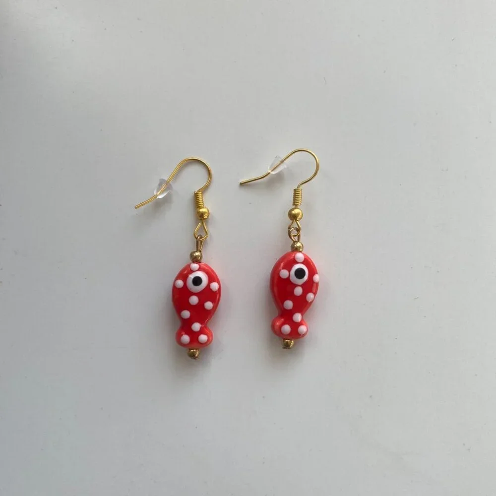 Handmade Earrings Ceramic Fish Sardines GOLD PLATED STAINLESS STEEL‎ Whimsy Fun